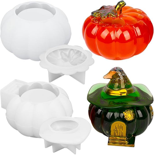 Actvty Halloween Resin Molds - 2 Pcs Pumpkin Jar Silicone Molds With Witch Lid for Casting, Craft DIY, Jewelry, Candy Storage Container