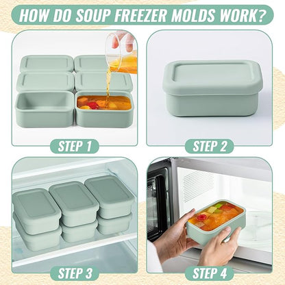 6 Packs 1 Cup Silicone Soup Freezer Molds with Lid Silicone Soup Freezer Trays Rectangle Reusable Food Preserving Tray Freezing Sauces Stews(Sage Green)