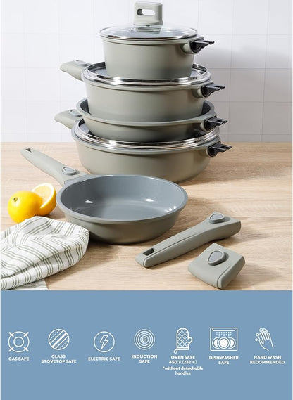 Sur La Table Kitchen Essentials 13 Piece Detachable Handle Pots and Pans Premium PFA Free Premium Ceramic Non Stick Induction Safe and Secure Removable Handle Cookware Set - Juniper Green