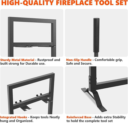 6 Pcs Fireplace Tools Set with Log Carrier, HXJLJY 34" Fireplace Accessories Sturdy Fire Tool Set Holder with Fire Poker Brush Shovel Tong Stand for Indoor Fireplace Outdoor Fire Pit Wood Stove,Square