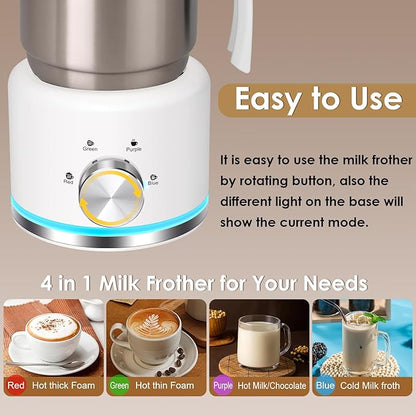 Milk Frother, 16.9 OZ Milk Frother and Steamer, 4 in 1 Electric Milk Frother Dishwasher Safe Durable Silent Frother for Coffee Hot and Cold Foam Maker (White Stainless)