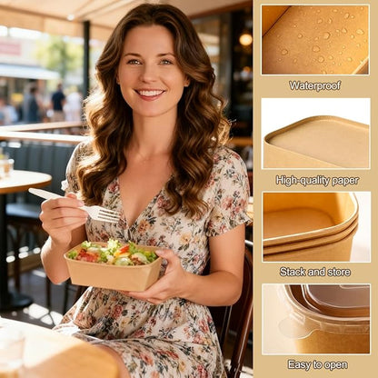 50-Pack 29oz Disposable Kraft Paper Bowls 【with Lids and Forks】Rectangle Cardboard Meal PrepContainers,Paper Leakproof Food Containers,Soup Serving Bowl for Hot/Cold Food-Microwave Safe (29oz 50Count)