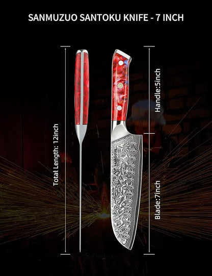 Santoku Knife - 7 inch - Xuan Series - VG10 Damascus Steel Kitchen Knife - Resin Handle (Sunset Red)