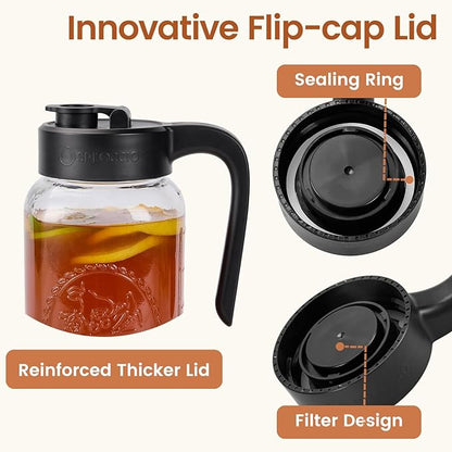 Mason Jar Pitcher with Tea Filter, Airtight & Leakproof Glass Pitcher with Lid, 64 oz Sun Tea Glass Jar for Outside, Perfect for Sun Tea, Lemonade, and iced Tea