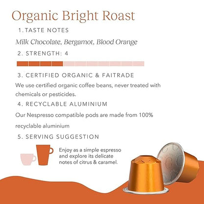 Cru Kafe Bright Roast USDA Organic Espresso Coffee Capsules (50 Pods) Fairtrade Coffee Pods Compatible with Nespresso Original Line and Pixie Machines