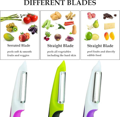 Vegetable Potato Peeler for Kitchen, 1 Piece Serrated Peeler for Soft Skin, 2 Pieces Straight Peeler for Apple Fruit Veggie, with Silicone Handle (Set of 3, Pink/Purple/Green)