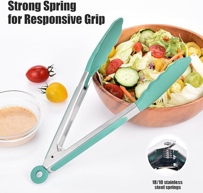 Doosu Kitchen Tongs for Cooking - 600°F Heat Resistant Food Tong Set with Non-Scratch Silicone Tips, Heavy Duty Stainless Steel Locking Tong for BBQ, Grilling Steak, Serving Salad (9+12in, Aqua Sky)
