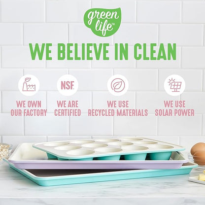 GreenLife 12-Cup Muffin Pan, Healthy Ceramic Nonstick Bakeware, PFOA & PFAS-Free Cupcake Sheet, Durable, Versatile Kitchen Essentials, Easy Clean Muffin Mold, Pink