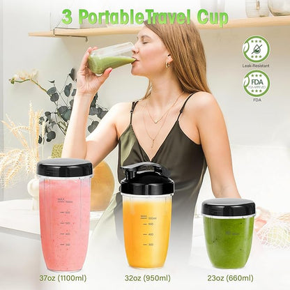 Nahida Blender for Smoothies, 1200W Smoothie Blender for Ices Crushing, Blenders with (2) 6-Fin Blades, Personal Blenders for Kitchen with 23oz, 32oz, 37oz Easy Go Cups for Juices,1200W, Blue
