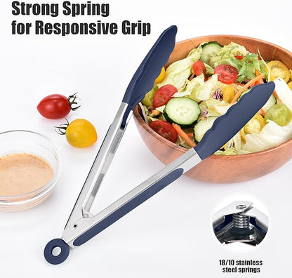 Doosu Kitchen Tongs for Cooking - 600°F Heat Resistant Food Tong Set with Non-Scratch Silicone Tips, Heavy Duty Stainless Steel Locking Tong for BBQ, Grilling Steak, Serving Salad (9+12in, Navy Blue)