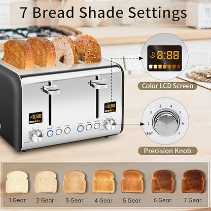 SEEDEEM 4 Slice Stainless Toaster - Color LCD Display, 7 Shade Settings, 1.5'' Wide Slots, Bagel/Defrost/Reheat Functions, Removable Crumb Tray, Dark Chocolate, 1800W