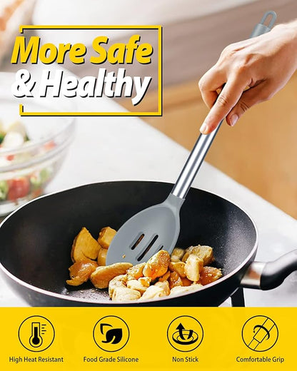 Pack of 2 Large Silicone Cooking Spoons,Non Stick Solid Basting Spoon,Heat-Resistant Kitchen Utensils for Mixing,Serving,Draining,Stirring (GREY)