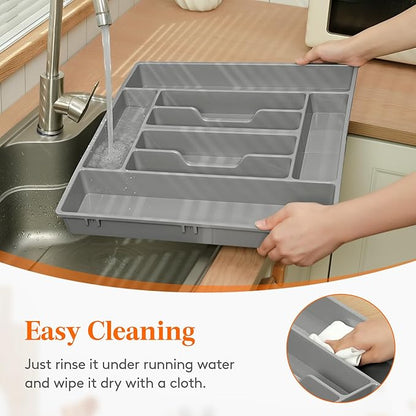 Lifewit Silverware Organizer, Plastic Kitchen Utensil Drawer Tray, Cutlery Flatware Storage Holder for Spoons Forks Knives, 20 x 16 Inches, 8 Compartment, Gray