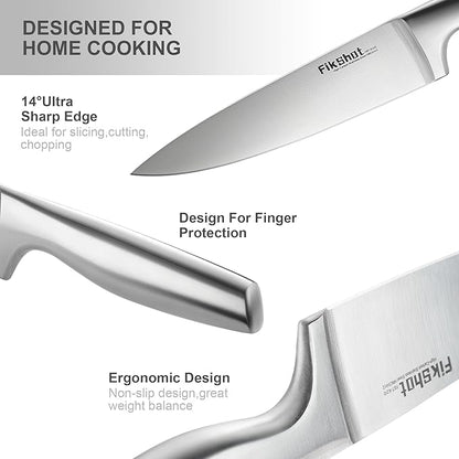 Knife Block Set, Kitchen Knife Sets with Block, FIKSHOT Knives Set for Kitchen - Razor-Sharp Santoku Knife, Fruit and Kitchen Sets - Rust Resistant for Homecooks (Silver + Walnut)