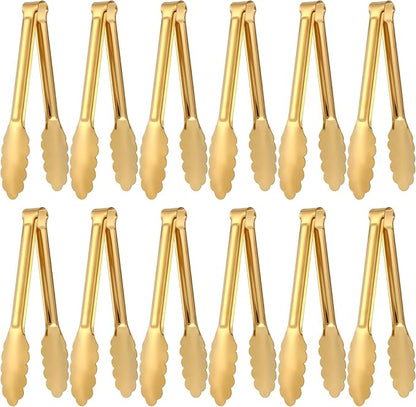 12 Pack Stainless Steel Buffet Tong Gold Serving Tongs 9 Inch Buffet Utensils Heavy Duty Durable Clamps Metal Kitchen Clip for Salad Steak Wedding Party Banquet Gathering