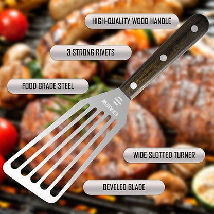 2 Pack Fish Spatula Stainless Steel，Flexible Metal Spatula Perfect for Flipping Eggs, Burgers and Baking, Durable Lightweight Kitchen Slotted Turner for Cooking & BBQ [Wooden Handle]