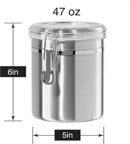 OGGI Stainless Steel Kitchen Canister 52 fl oz - Airtight Clamp Lid, Clear See-Thru Top - Ideal for Kitchen Storage, Food Storage, Pantry Storage. Large Size 5" x 6".