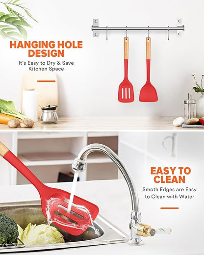 Silicone Wok Spatula Turner Set, Perfect for Scooping, Flipping, Lifting Pancakes and Picking up Veggies, BPA-Free Matte Silicone, Wooden Handles, Safe for Nonstick Cooking Surfaces (Red)
