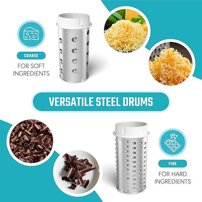 Parmesan Cheese Grater Hand Crank, Restaurant-Grade Rotary Cheese Grater Handheld Italian Style with 2 Stainless Steel Drum Blades is Dishwasher Safe & Easy to Clean