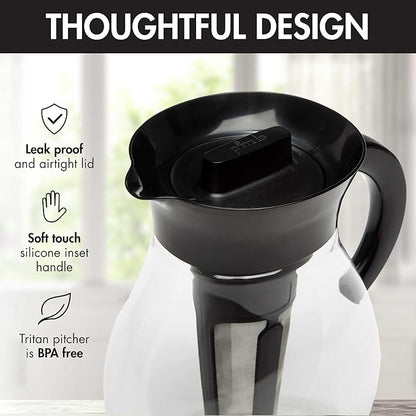 Primula The Big Iced Tea Maker and Infuser, Plastic Beverage Pitcher with Leak Proof, Airtight Lid, Fine Mesh Reusable Filter, Made without BPA, Dishwasher Safe, Black