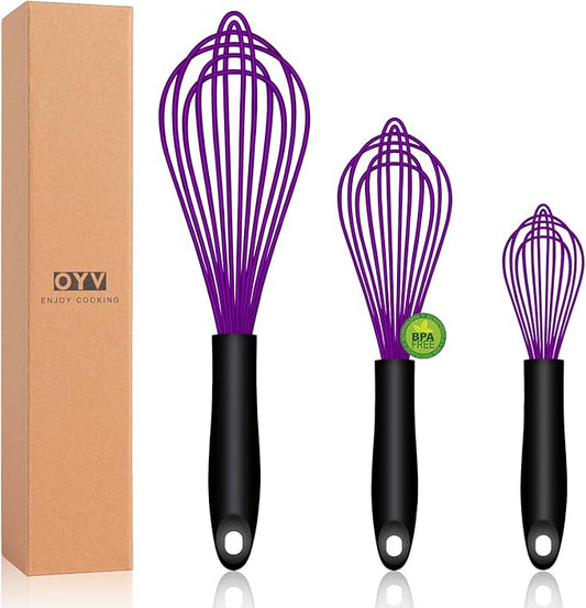 Dishwasher Safe Purple Silicone Whisk, Sealed Waterproof Design Set of 3, Professional Kitchen Whisks for Cooking Non-Scratch, Silicone & Stainless Steel Whisk, Heat Resistant Balloon Egg Beater