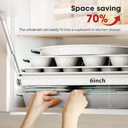 11-Piece Non-Toxic Bakeware Set – Nonstick, Stackable & Oven Safe with Heat-Resistant Silicone Handles – Cookie Sheet, Cake Pan, Muffin Mold, Pizza Tray & Bread Loaf Dish, White & Sky Blue
