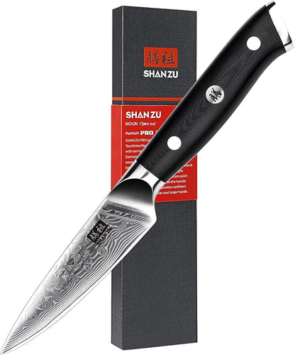 SHAN ZU 4 Inch Paring Knife, Japanese Steel Damascus Professional Kitchen Knives High Carbon Super Steel Carving Knife with Gift Box