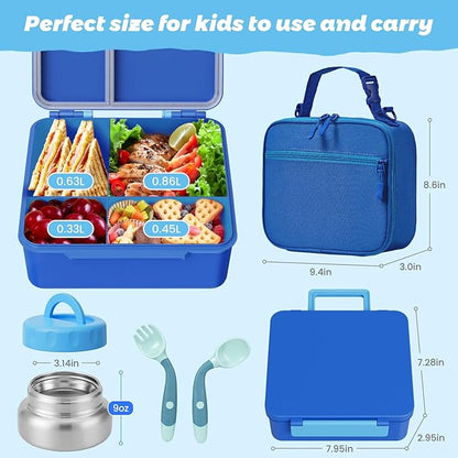 Kids Bento Lunch Box with Thermos, Leakproof Toddler Bento Box with 9 OZ Insulated Food Jar, Lunch Bag & Utensils 3 or 4 Compartment Container for School Girls Boys