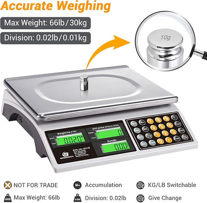 Price Computing Scale, 66lb Digital Commercial Food Meat Produce Weighing Scale with Green Backlight LCD for Farmers Market, Retail Outlets, Dry Battery Powered, Not for Trade