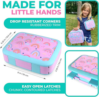 Bento Lunch Box with Insulated Bag, Water Bottle & Ice Pack Set for Kids Toddlers, 4 Portion Sections, Removable Tray, Pre-School Girl Kid Toddler Daycare Lunches, Snack Container, Purple Rainbow
