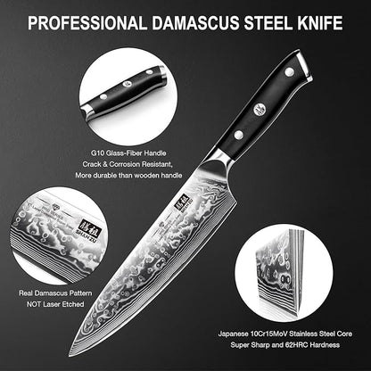 SHAN ZU Damascus Kitchen Knife Set, 7-Piece Professional Knife Sets for Chefs, Japanese Super Steel Damascus Kitchen Knife Set With G10 Handle Knife Block Set