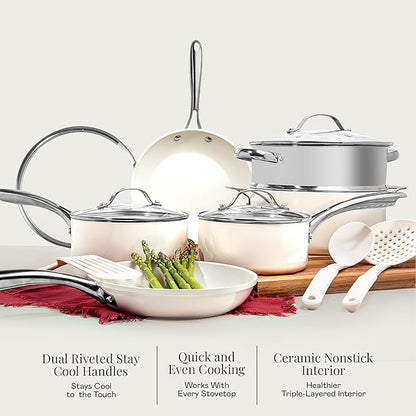 Gotham Steel 12 Pc Ceramic Cookware Set Nonstick, Ceramic Pots and Pans Set Non Stick with Steamer for Cooking, Non Toxic PFOA PFOS Free, Premium Stay Cool Handles, Oven & Dishwasher Safe