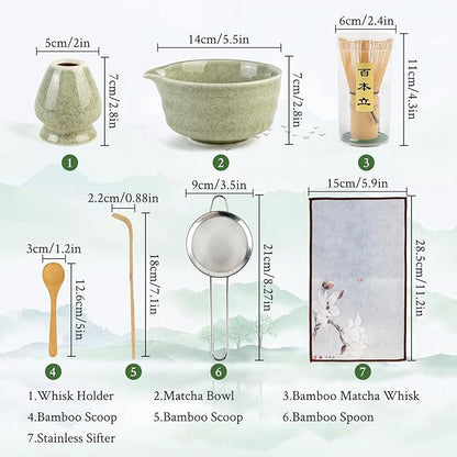 Matcha Whisk Set - Ceramic Matcha Set Includes Matcha Bowl, Whisk and Holder, Bamboo Scoop, Scoop Rest, Sifter and Tea Towel - 7 Pcs Ceremonial Gift Kit for Matcha Lovers (Pure Green)