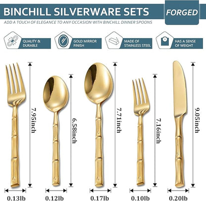 Gold 20-Piece Silverware Set, Bamboo Pattern Stainless Steel Flatware Set, Cutlery Set Mirror Polished, Dishwasher Safe, Service for 4