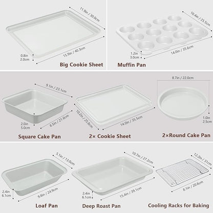 Nonstick Bakeware Set 10 Pcs, Professional Kitchen Bicolor Baking Pans Set with Cookie Sheets, Muffin Pan, Loaf Pan, Cake Pan and Cooling Rack, Dishwasher Safe, 0.8mm Thick Heavy Duty