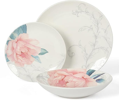 Martha Stewart Peony 12 Piece Porcelain Floral Chip and Scratch Resistant Dinnerware Set