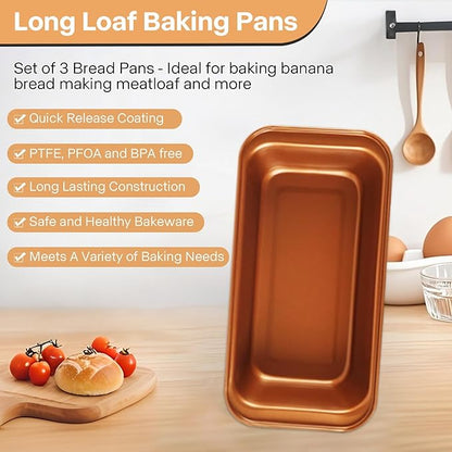 3-Pack 9x5 Loaf Pan for Baking Bread, Nonstick Bread Pan With Copper & Black Two-Tone Finish Perfect for Homemade Bread, Meatloaf, Pound Cake