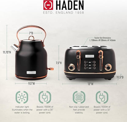 Haden Heritage 4 Slice Wide Slot Stainless Steel Toaster Bundled with 1.7 Liter Stainless Steel Electric Water Kettle, Black & Copper