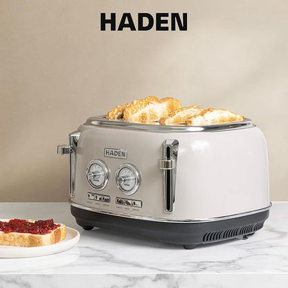 Haden Dorset 4 Slice Wide Slot Stainless Steel Toaster with Adjustable Browning Control & Non-Slip Feet, Putty & Chrome