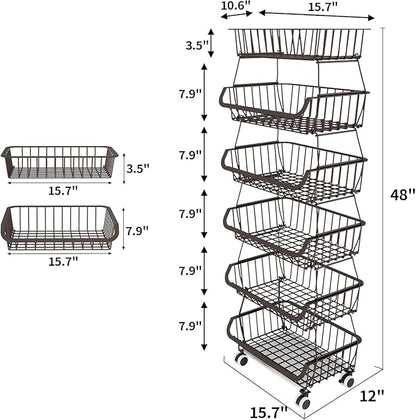 Miyawell Fruit Vegetable Storage Basket for Kitchen - 6 Tier Stackable Metal Wire Baskets Cart with Rolling Wheels Utility Fruits Rack Produce Snack Organizer Bins for Pantry Bathroom Laundry Bronze