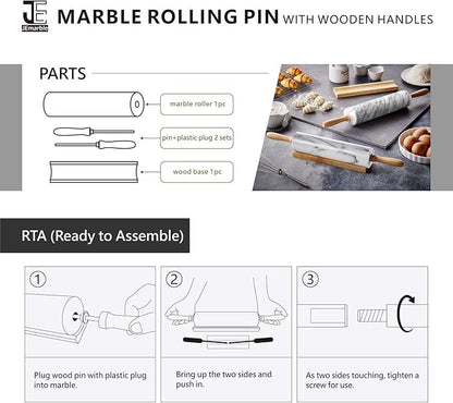 JEmarble Rolling Pin-Plastic Handles(White)(Premium Quality) Polished Surface 18-inch(10"Barrel) Genuine Stone Non-stick Save Effort Easy to Clean