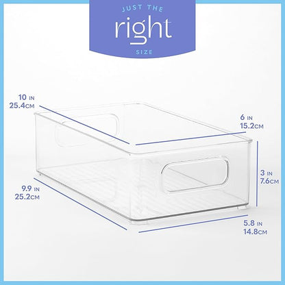 Plastic Food Storage 6 Pack Clear Container Bin with Handles for Organizing Kitchen, Pantry, Refrigerator, Freezer, Pantry, Cabinet, Closet, Bathroom. Stackable 10”x6”x3”