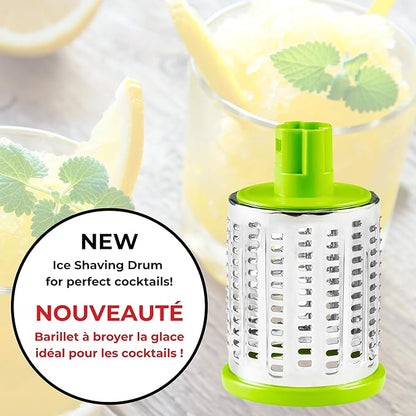Starfrit Rotary Drum Grater - 4 Interchangeable Stainless Steel Drums - Slicing, Coarse and Fine Grating, Ice Shaving - Great for Vegetables, Cheese, Nuts, Chocolate