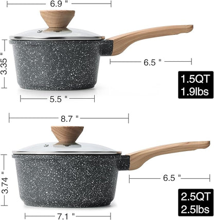 Kordisen Sauce Pan Set with Lid, 1.5QT & 2.5QT Non Stick Small Pots with Granite Coating, Saucepan with Pour Spout, Multipurpose Induction Cooking Pans, PFOA/PFOS Free