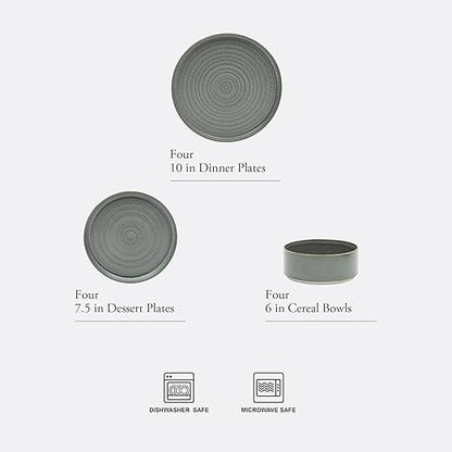 Gibson Elite Echo Bay 12 Piece Porcelain Reactive Glaze (Service for 4) Ceramic Plates and Bowls Modern Stackable Dinnerware Set - Blue