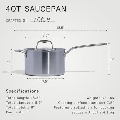 Made In Cookware - 4 Quart Stainless Steel Saucepan with Lid - 5 Ply Stainless Clad Sauce Pan - Professional Cookware - Crafted in Italy - Induction Compatible