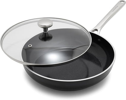 Orfeo 3QT Nonstick Saute Pan with Lid, Made in Italy, Diamond Ceramic PFAS-Free Cookware, Induction Ready, Scratch Resistant, Laser-Fused Surface for Durability, Dishwasher Safe, Black