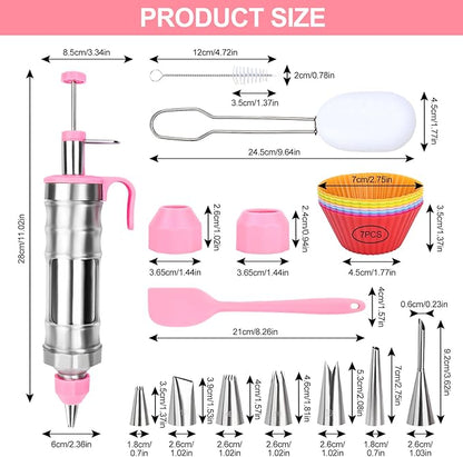 FACIACC Dessert Decorating Syringe Set, Stainless Frosting Piping Kit with 7 Piping Tips & 7 Silicone Cupcakes, Dessert Making Tools for Baking Cupcakes, Cookies & Pastries