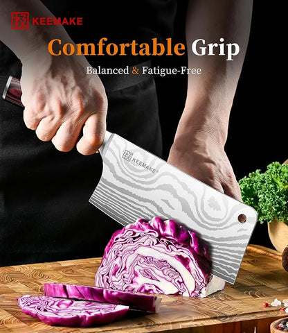 KEEMAKE Meat Cleaver Knife 7-Inch Razor Sharp High Carbon Steel Kitchen Knife, Butcher Knife Perfect for Chopping Meat & Veggies, Pakkawood Handle Ideal for Home & Professional Chefs, W/Sheath