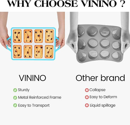 Vinino Silicone Mini Loaf Pans with Metal Reinforced Frame-2 Pack, Non-stick Silicone Bread Pan for Baking 8-Cavity, Tiny Banana Bread Set, Dishwasher Safe Brownie Pan-Blue